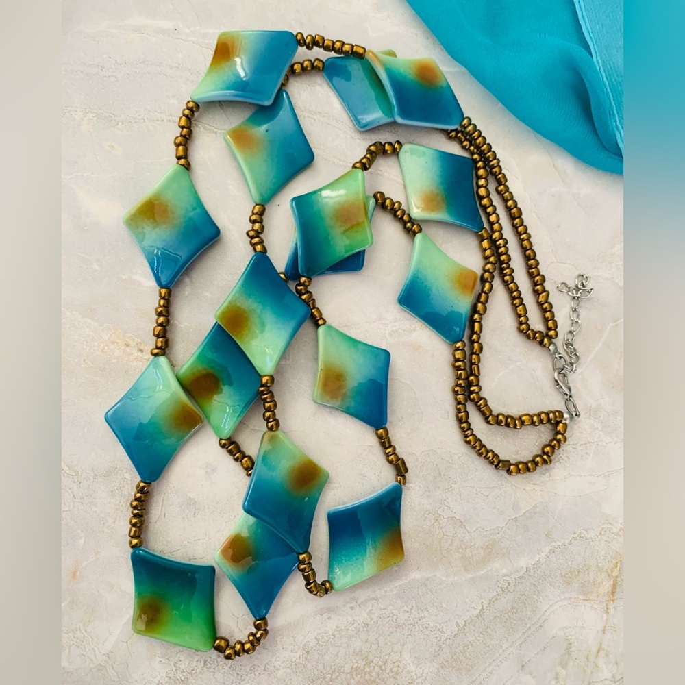 Abstract Geometric Beads in Blue and Green Necklace